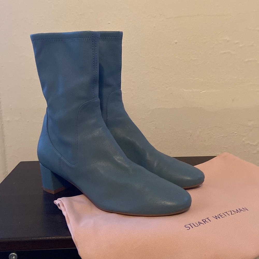 Stuart Weitzman Ernestine Cerulean blue leather mid calf heeled boots size 8